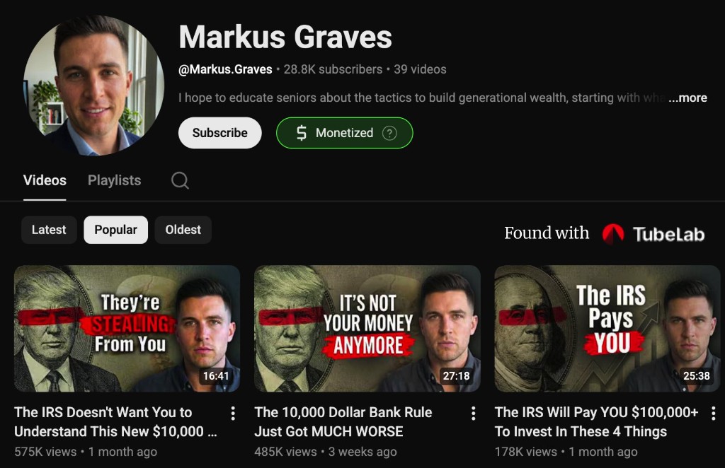 Markus Graves faceless YouTube channel with 28.8K subscribers
